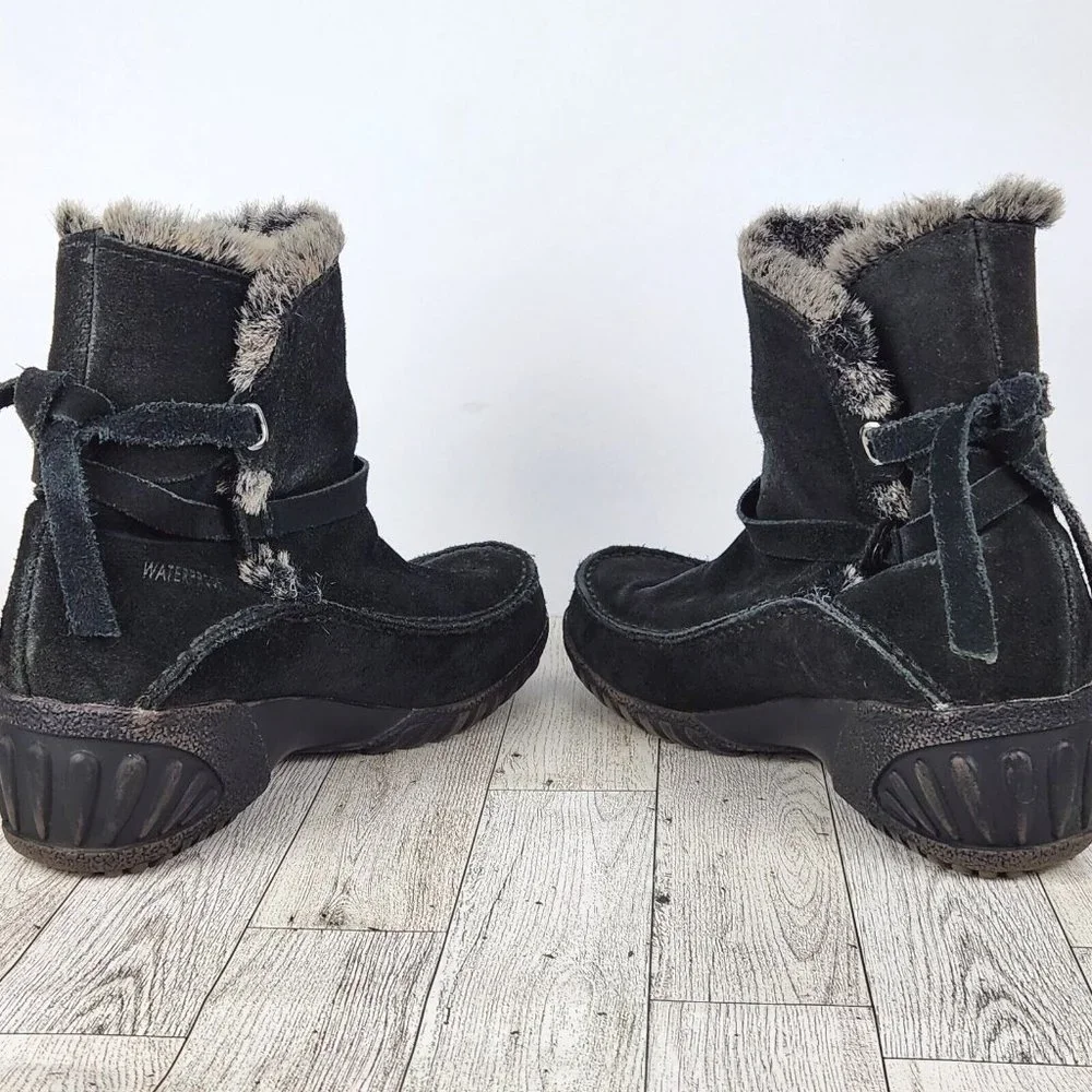 Khombu Womens Ankle Boots Size 7 Black Leather Faux Fur Collar, Leather Tie Up